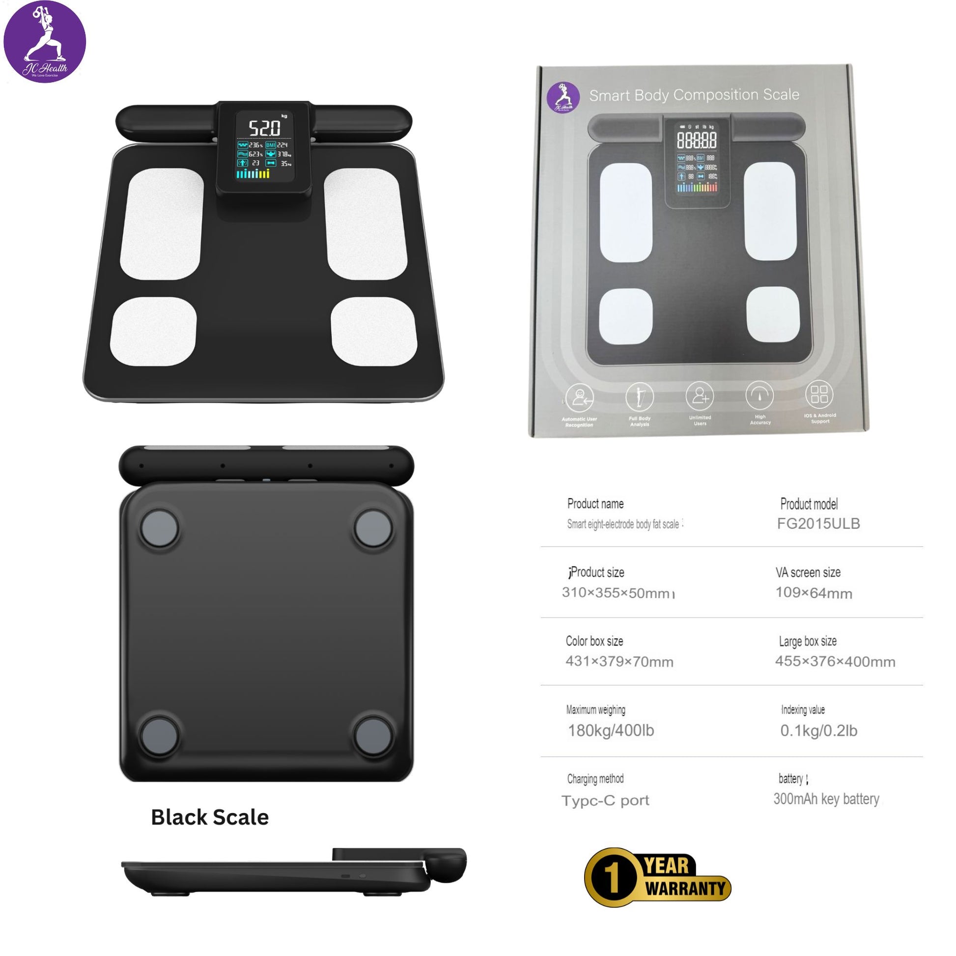 JC Health Smart Body Composition Scale product parameters including size, maximum weighing capacity (180kg/400lb), charging method, battery, and 1-year warranty