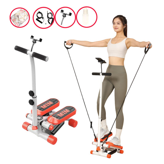 JC Health mini stepper with handlebar, phone stand, and resistance bands, shown with a woman exercising and icons of included accessories: floor mat, resistance bands, phone holder, and lubricant. Ideal for home fitness