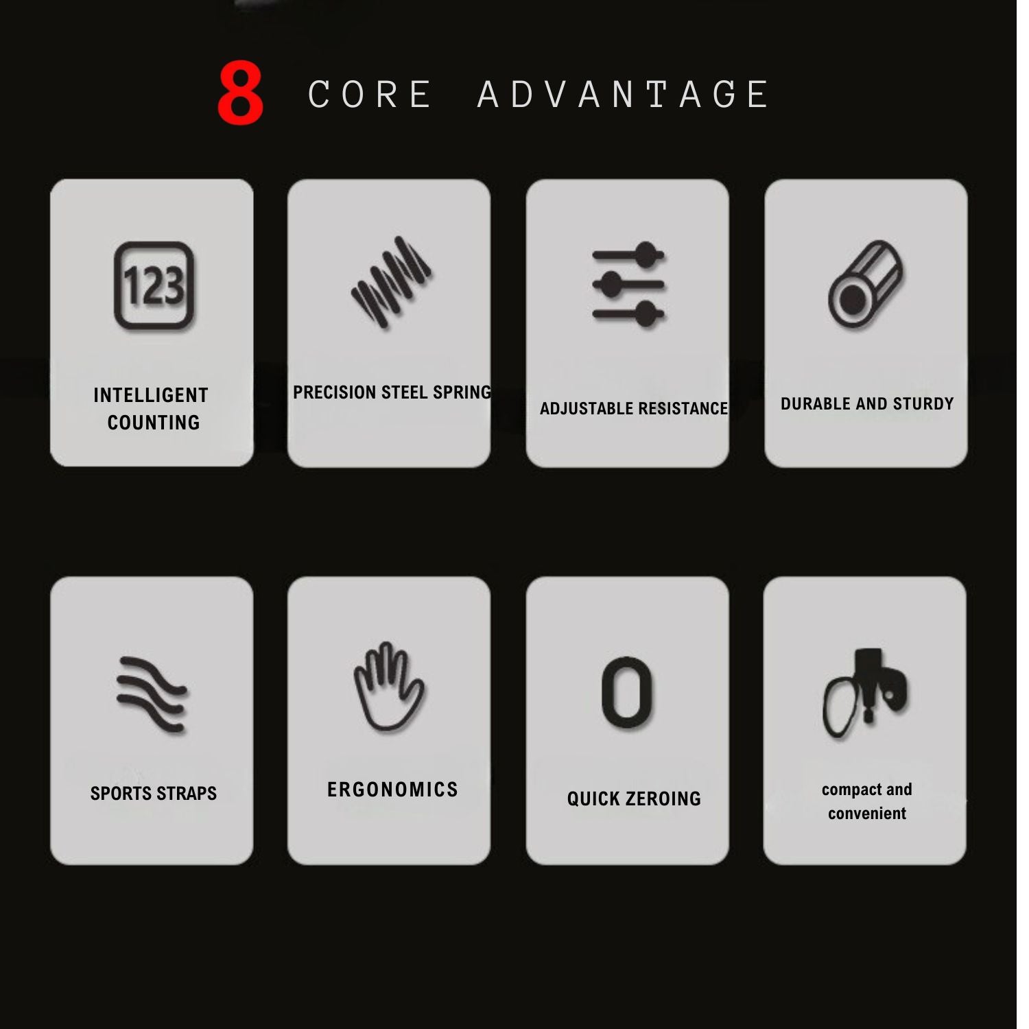8 core advantages: intelligent counting, precision spring, adjustable resistance, durable, sports straps, ergonomics, quick zeroing, compact