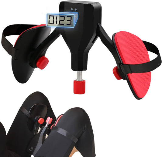 JC Health Thigh Master main product view, black with red accents, showing digital counter and leg straps