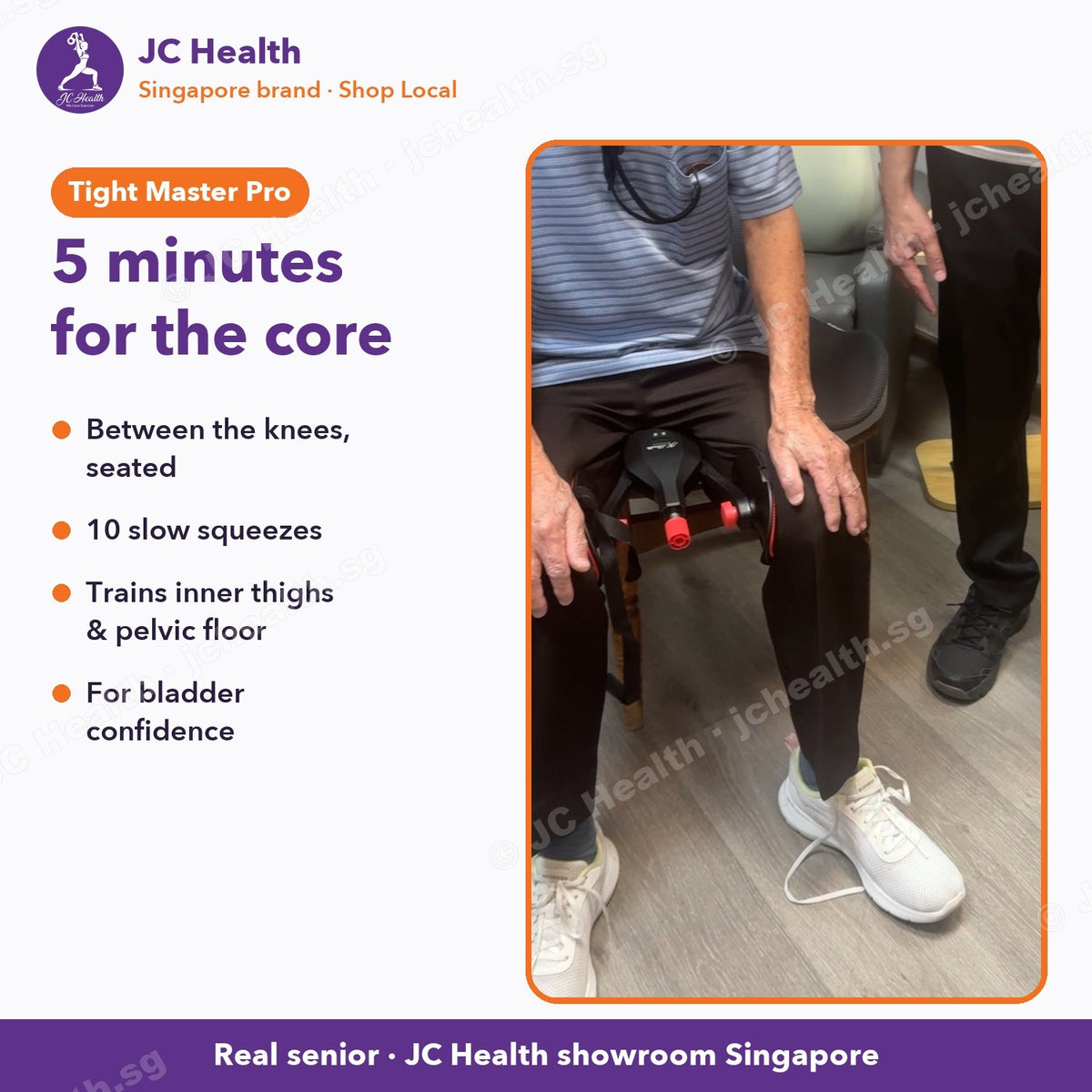 Senior seated with the Tight Master Pro between his knees - 5 minutes for the core
