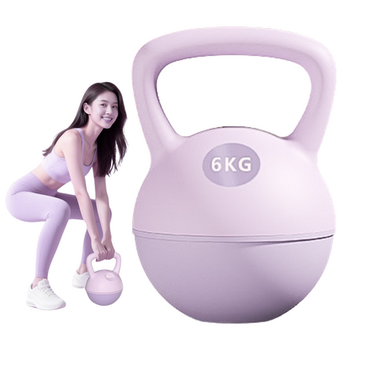 Female model performing a squat with a purple JC Health water-filled kettlebell (6kg)