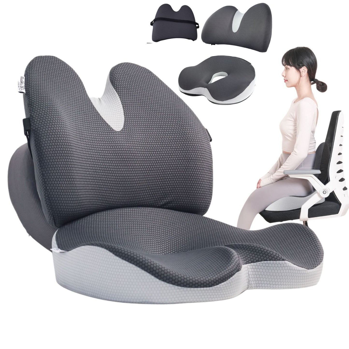 JC Health 2-in-1 ergonomic set featuring a separable lumbar support back pillow with chair strap and an orthopedic donut seat cushion for office chair comfort.