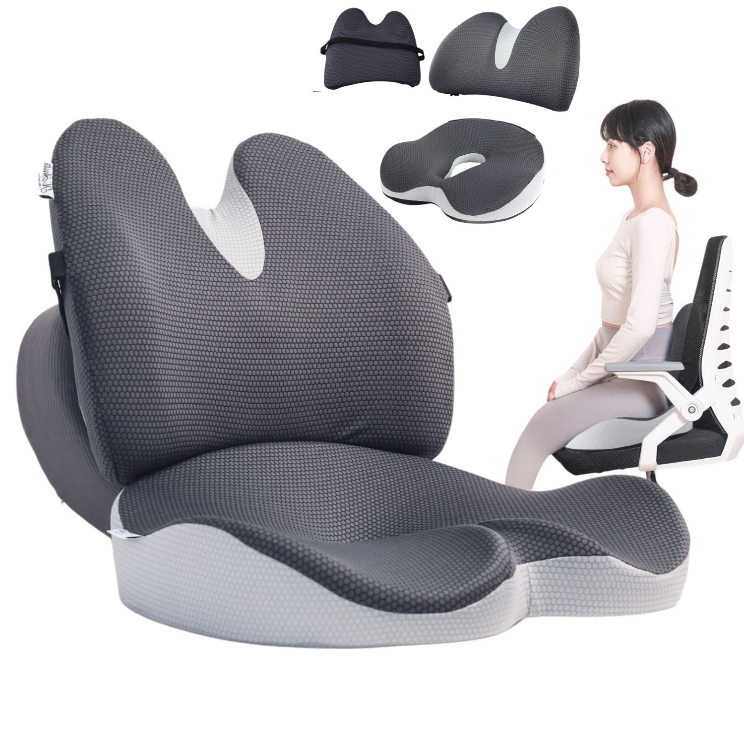 JC Health 2-in-1 ergonomic set featuring a separable lumbar support back pillow with chair strap and an orthopedic donut seat cushion for office chair comfort.