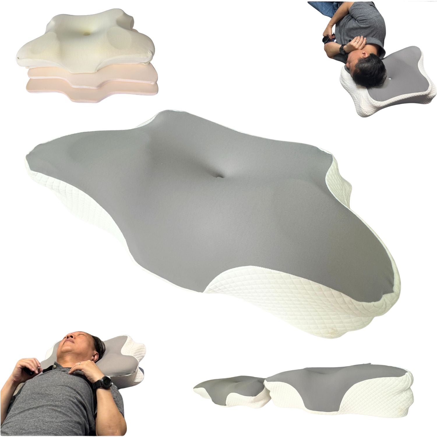 JC Health adjustable memory foam pillow showing 3 removable layers, dual pillowcase set, and multiple sleeping positions for customizable neck support from 11-17cm