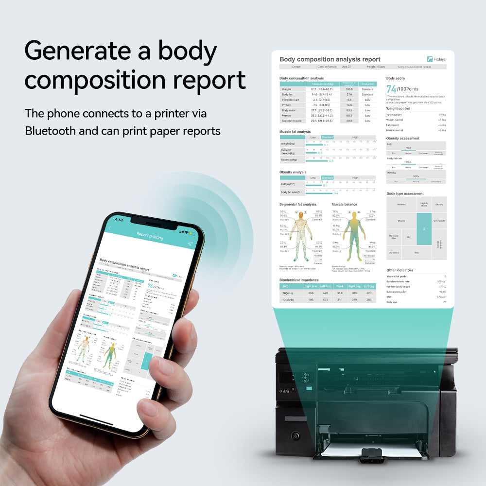 Generate and print professional body composition analysis reports via Bluetooth for medical consultations.