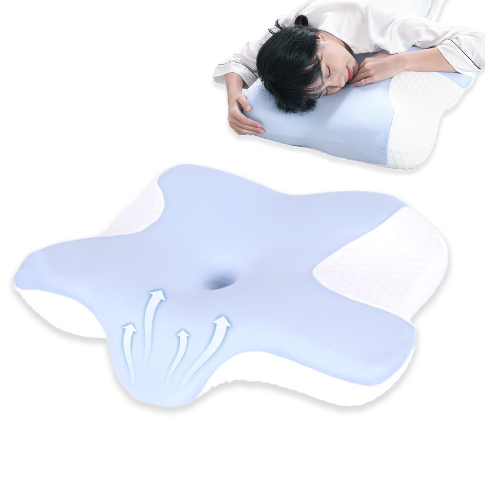 Ideal side sleeper posture demonstrated on the contour pillow, showing neutral head and neck alignment for shoulder comfort