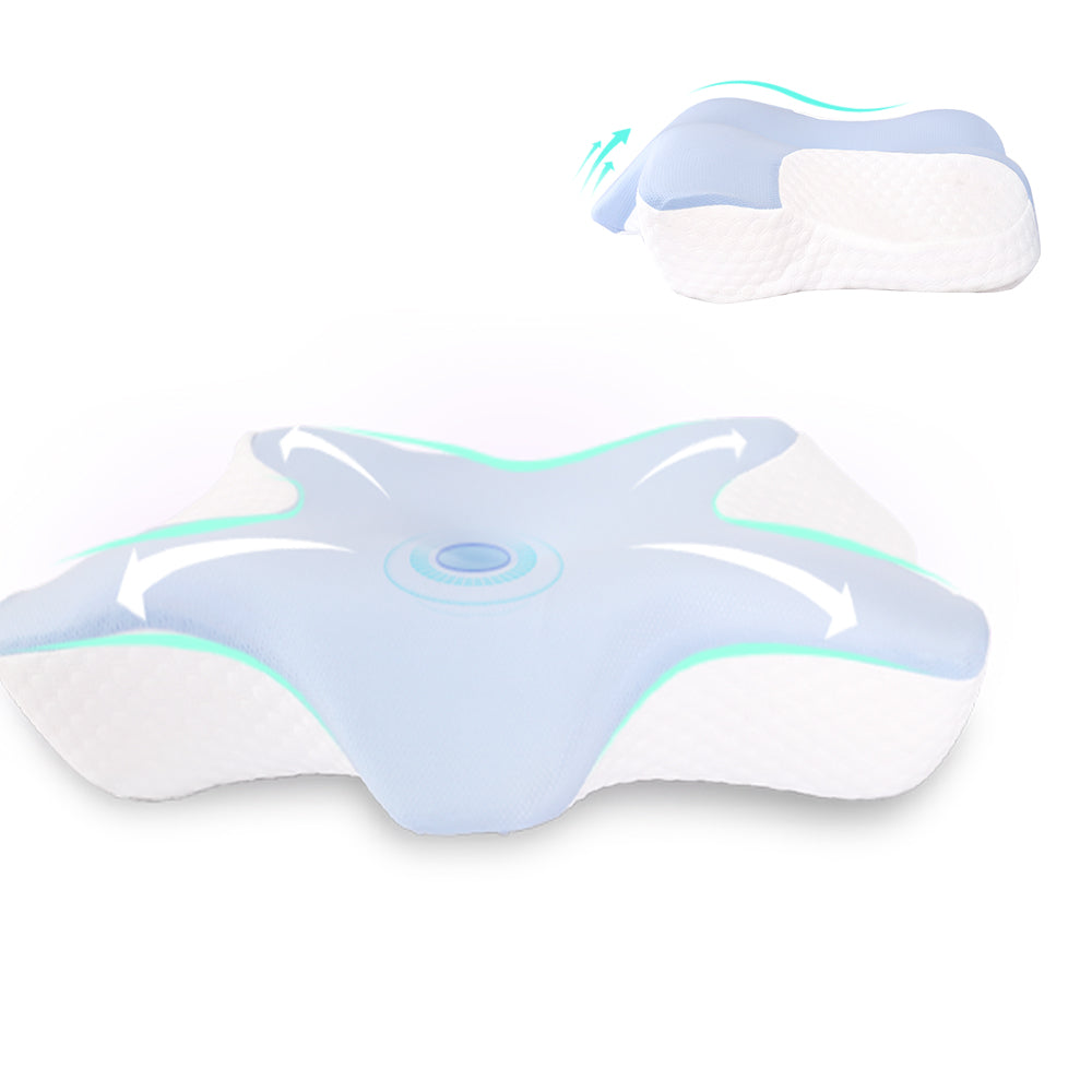 Demonstration of the contour pillow providing neck support for a stomach sleepe