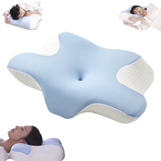 A J C Health blue and white star-shaped cervical pillow for neck and back pain relief. It features a center hole for comfort