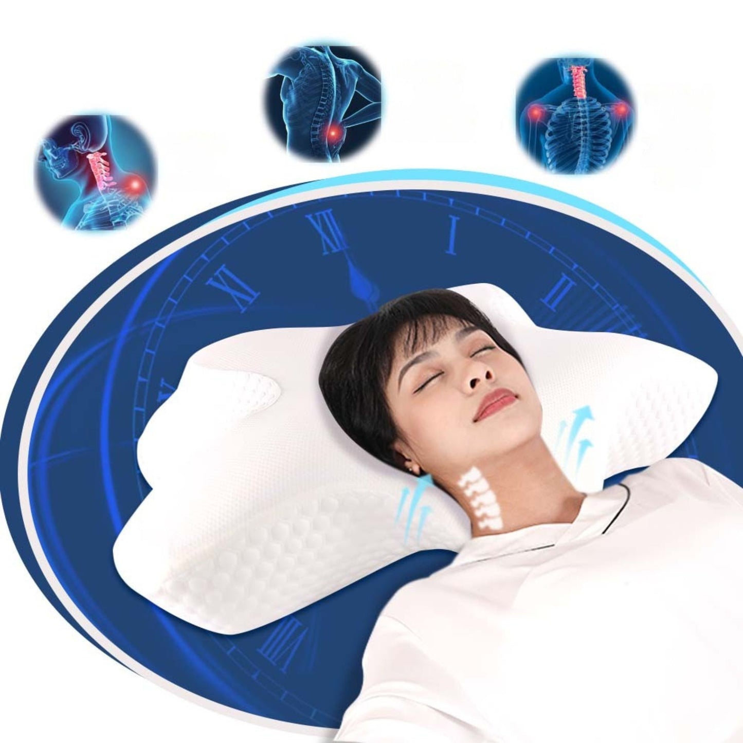 Cervical pillow spine alignment comparison: showing proper neck and back support for side sleepers versus a flat pillow