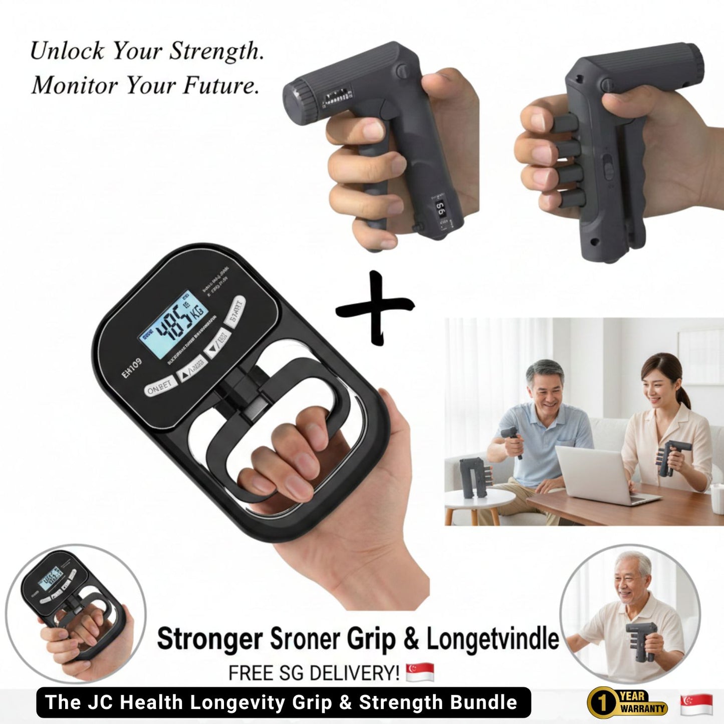 A senior user measuring grip strength with the JC Health EH109 dynamometer next to a professional 5-60kg adjustable hand gripper, highlighting functional aging and sarcopenia monitoring in Singapore.