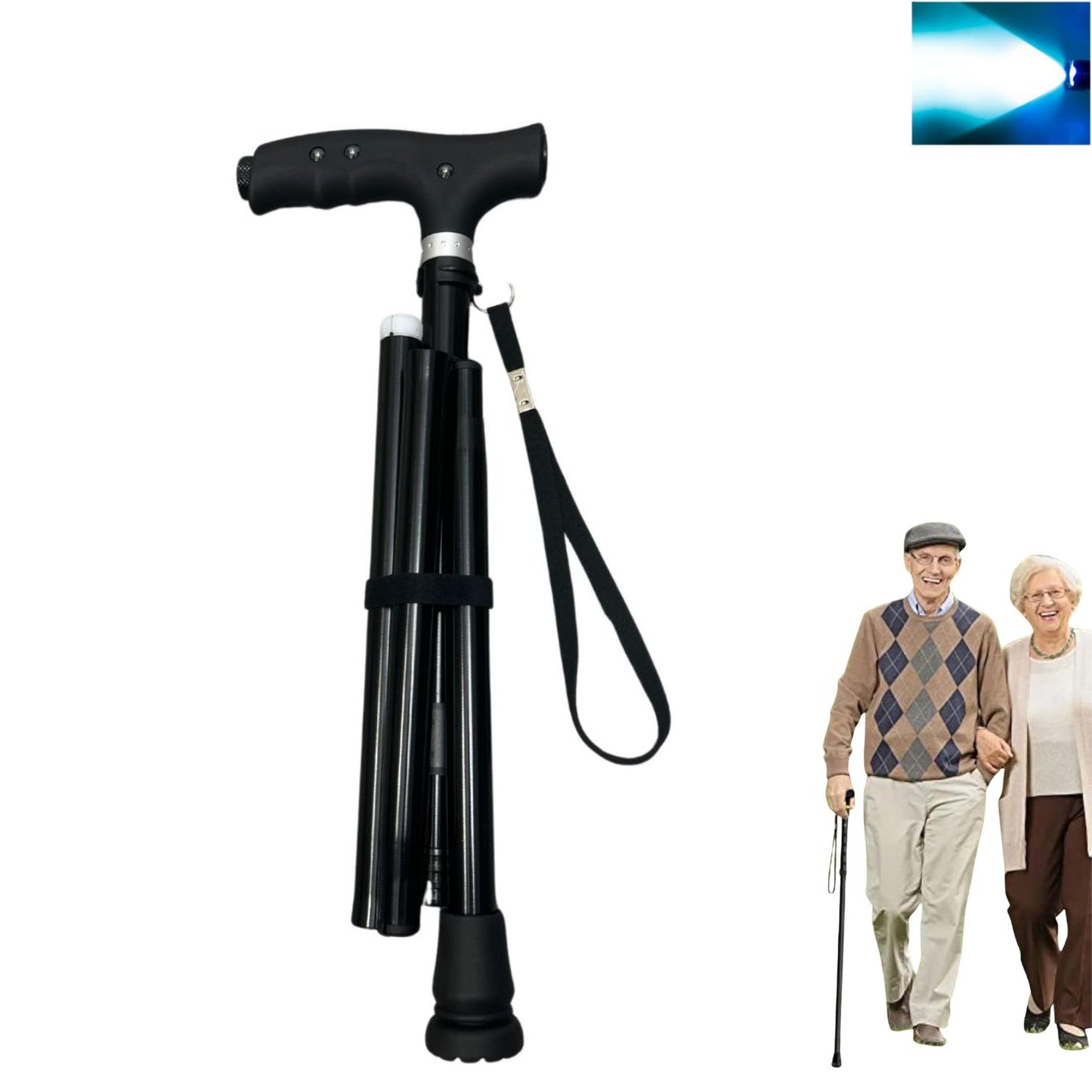 JCHealth Pro black 4-fold travel walking stick featuring an integrated LED safety torch and compact folding design