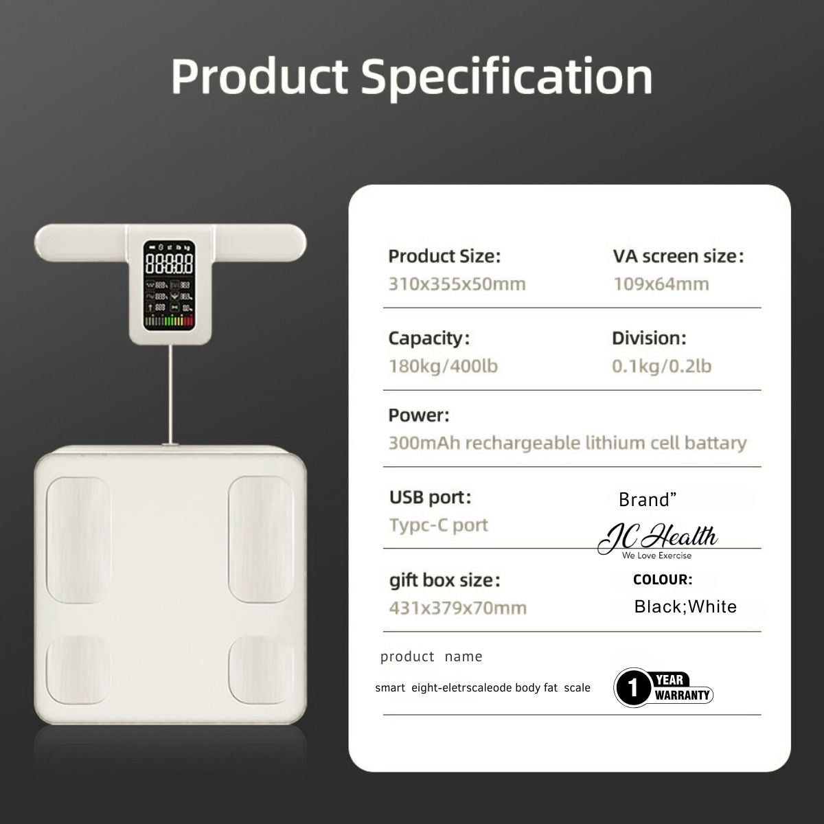 Full product specifications including 180kg capacity, 0.1kg precision, and 1-year Singapore warranty.