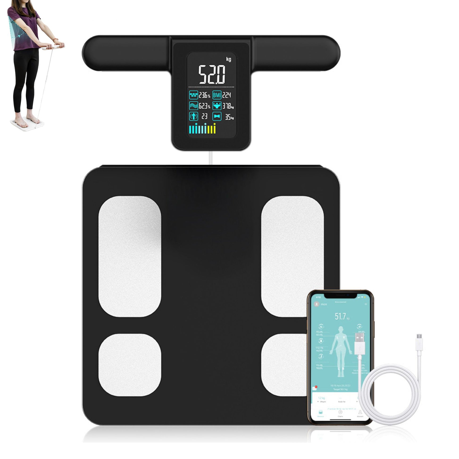 JCHealth Pro Black 8-Electrode Scale: Advanced health monitor for tracking visceral fat and metabolic age.