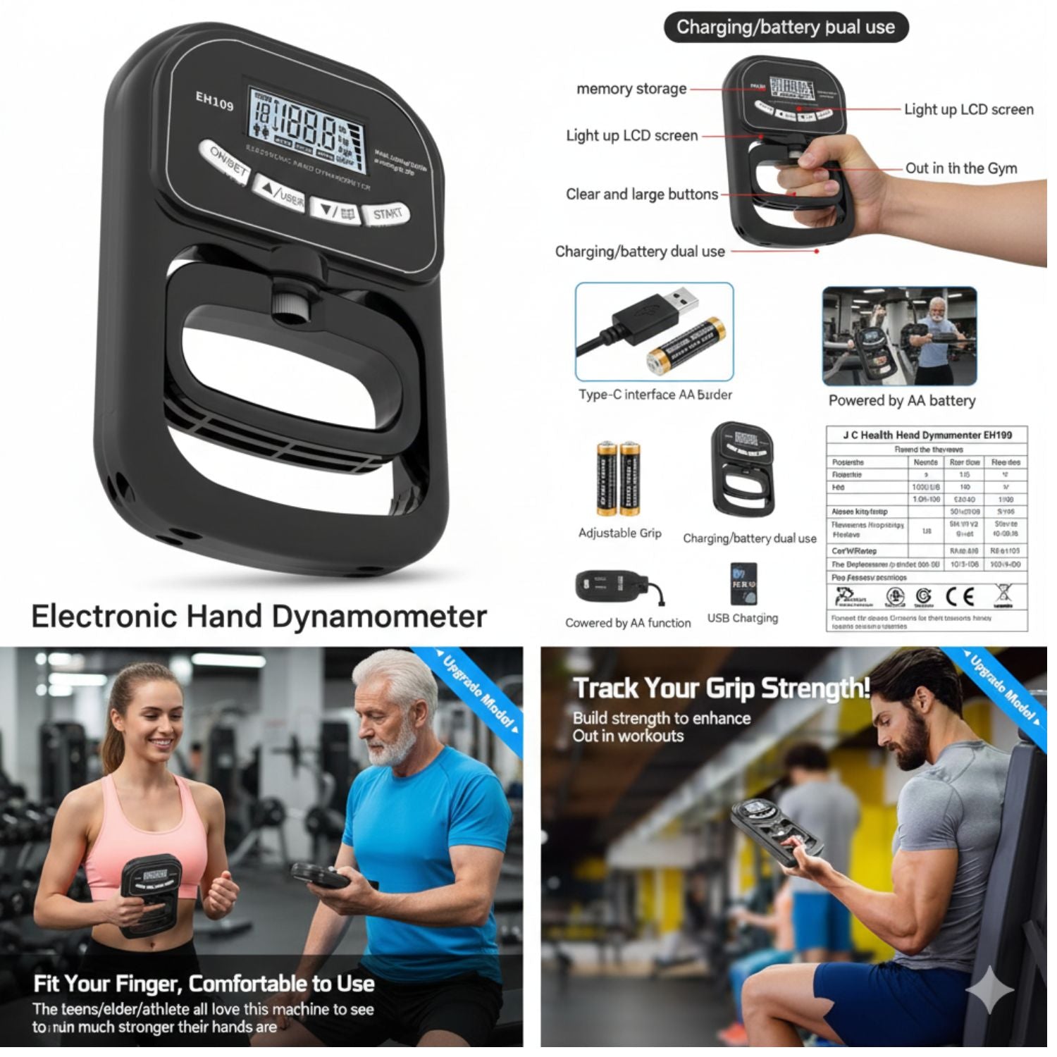 JC Health Dynamometer dual usage lifestyle image. Features a young woman and an older man using the grip strength tester for exercise and fitness tracking in a gym setting. Image also highlights USB charging, adjustable handle, and clear LCD screen.

