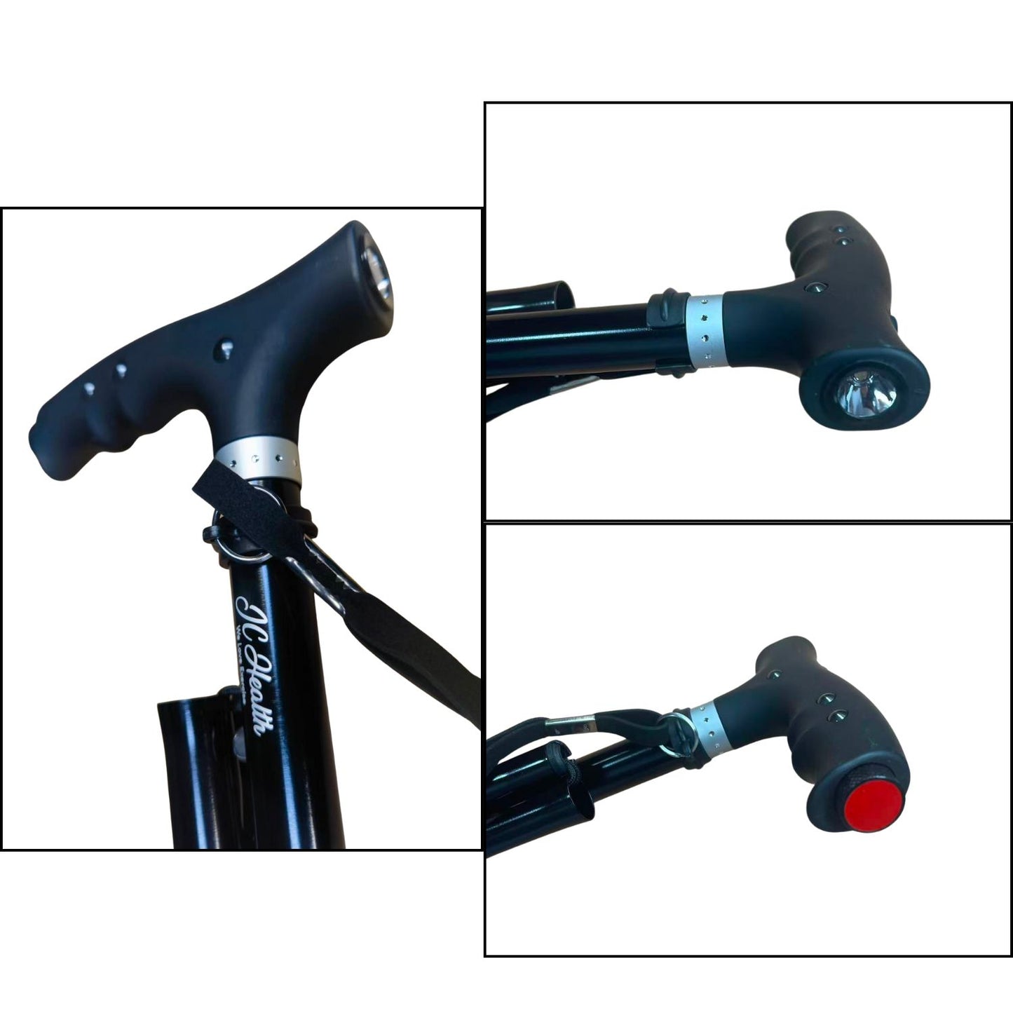 Foldable walking cane featuring a built-in pivoting LED flashlight handle and red emergency alert button for night safety and visibility