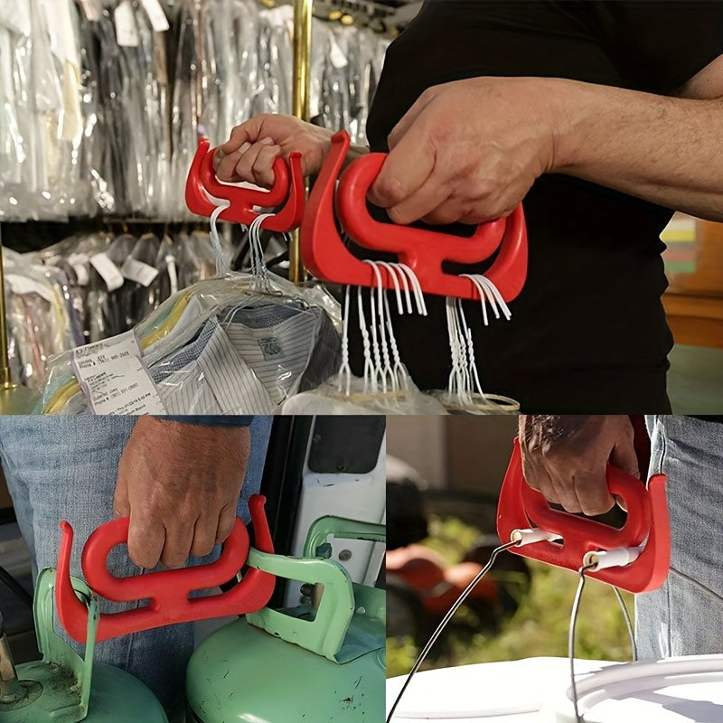 Collage demonstrating the versatile uses of the HandCarry Handle: Top image shows a person easily carrying multiple clothing hangers from a dry cleaner or laundry shop, while bottom images show the handle being used to carry small gas cylinders, highlighting its strong and adaptable grip for various heavy objects.