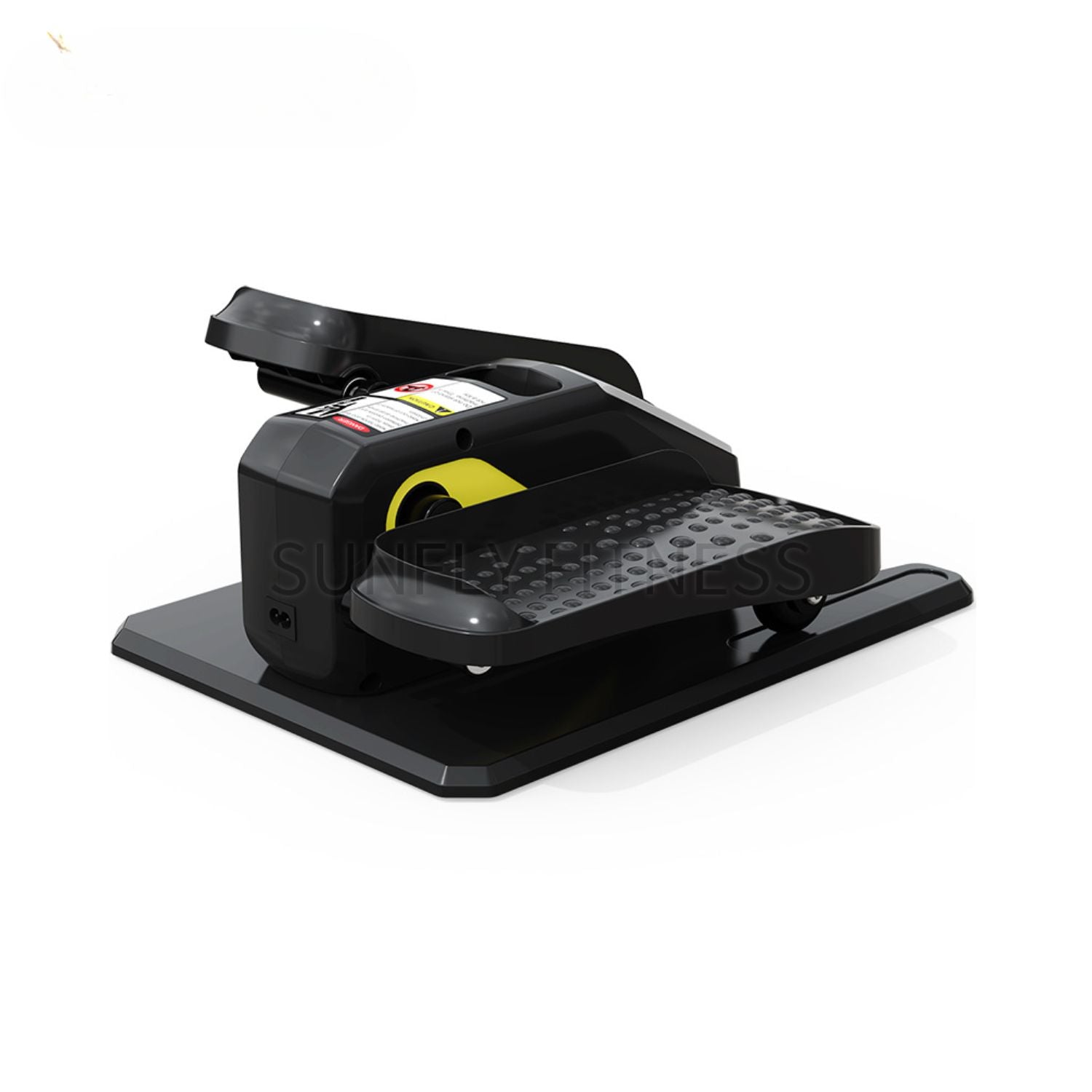 Low-angle view of the black Under Desk Elliptical Trainer on a white background. Highlights the sturdy base, large non-slip foot pedals, and compact design ideal for low-impact exercise