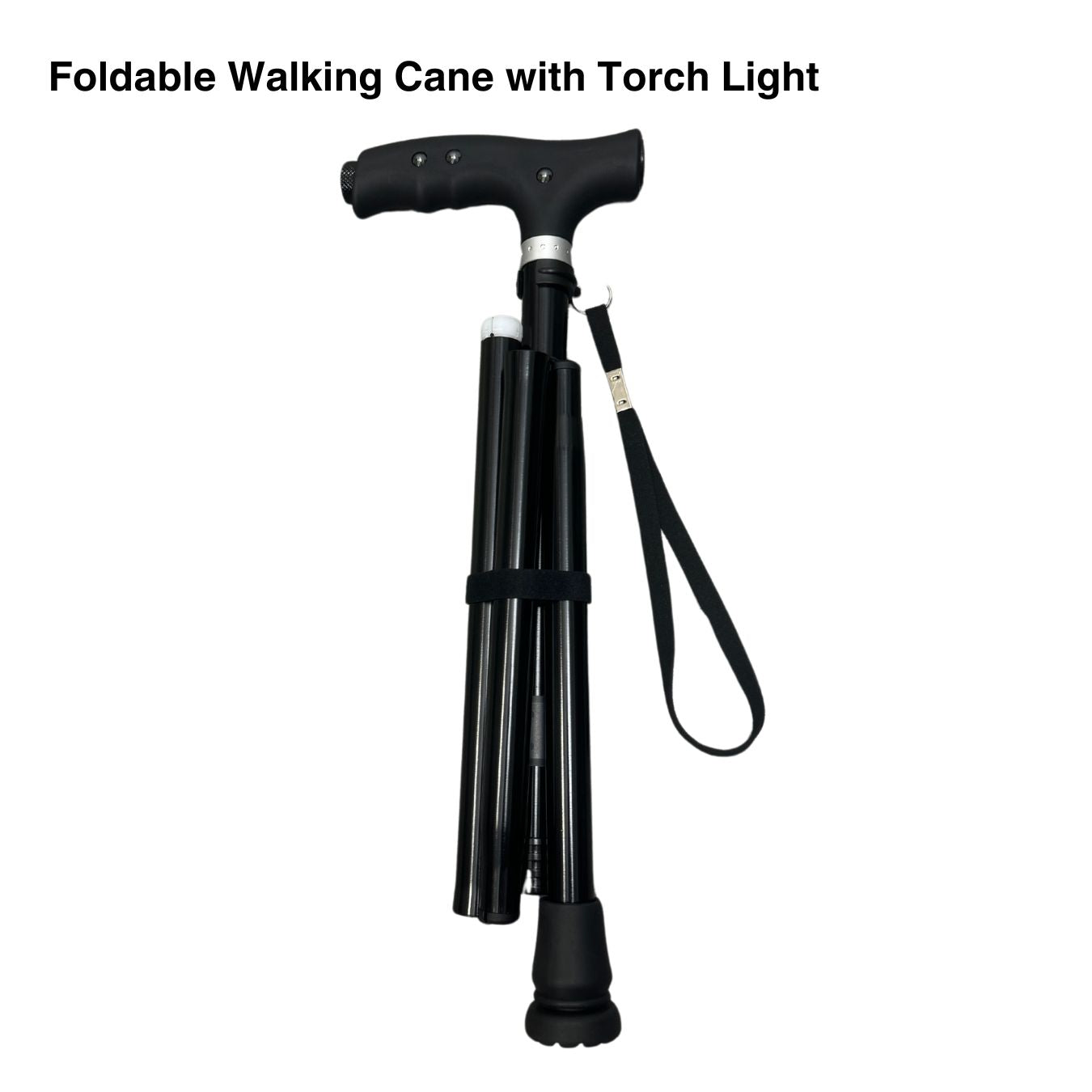 Professional black medical-grade walking cane folded into compact travel size with integrated LED flashlight