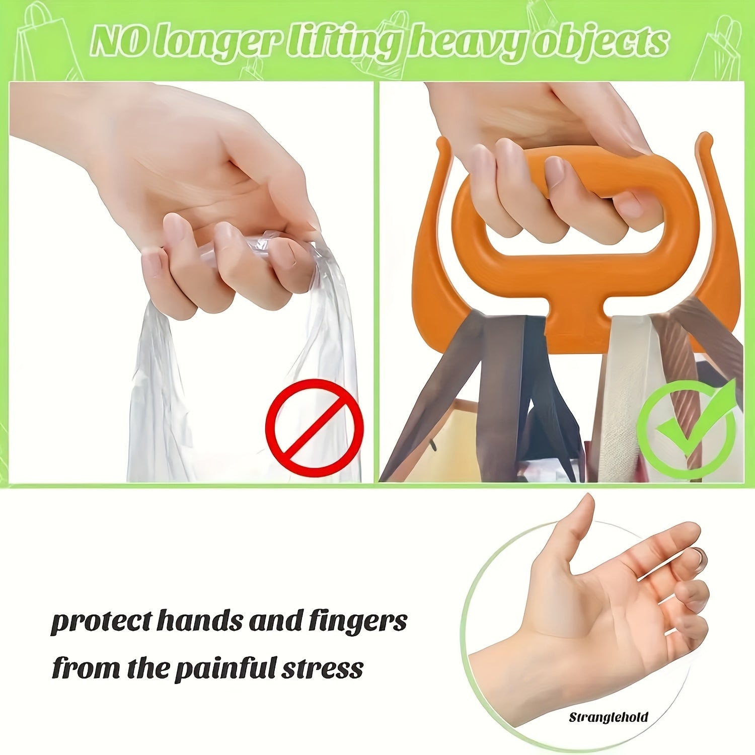 Comparison image showing the painful stress of carrying plastic bags directly on fingers (crossed out) versus the comfortable, secure grip provided by an orange HandCarry Handle (checked), demonstrating how it allows "NO longer lifting heavy objects" and protects hands and fingers from painful strain.

