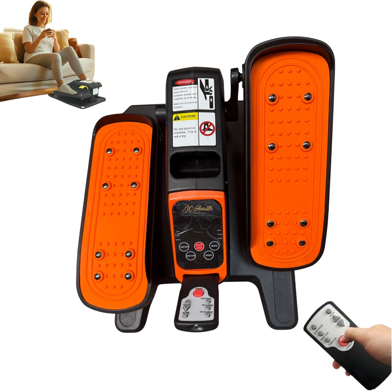 JC Health Electric Elliptical Trainer in orange with textured pedals, LCD display, and wireless remote