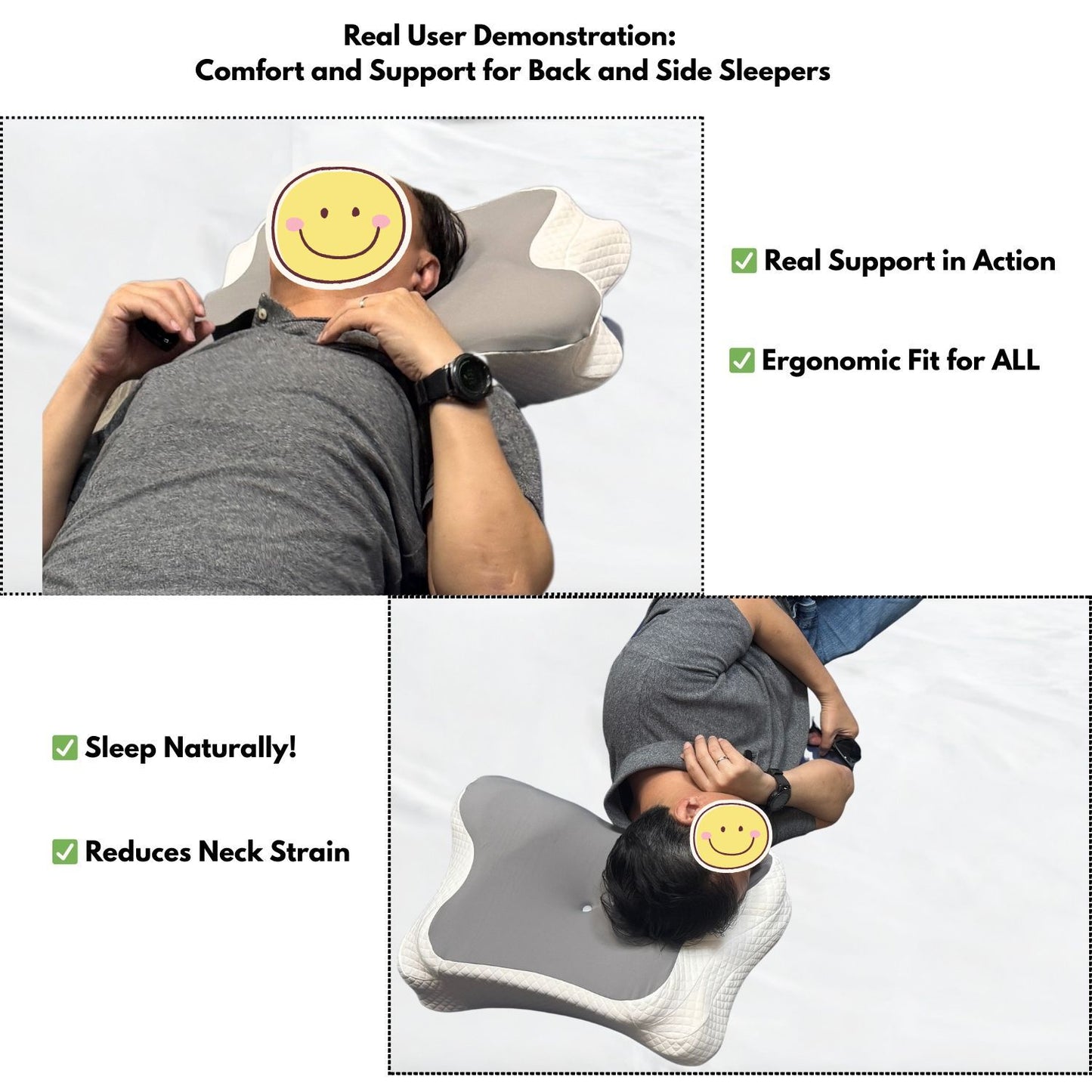 : Real-user demonstration of the 17cm extra-high loft memory foam pillow for broad-shouldered side sleepers needing neck pain relief