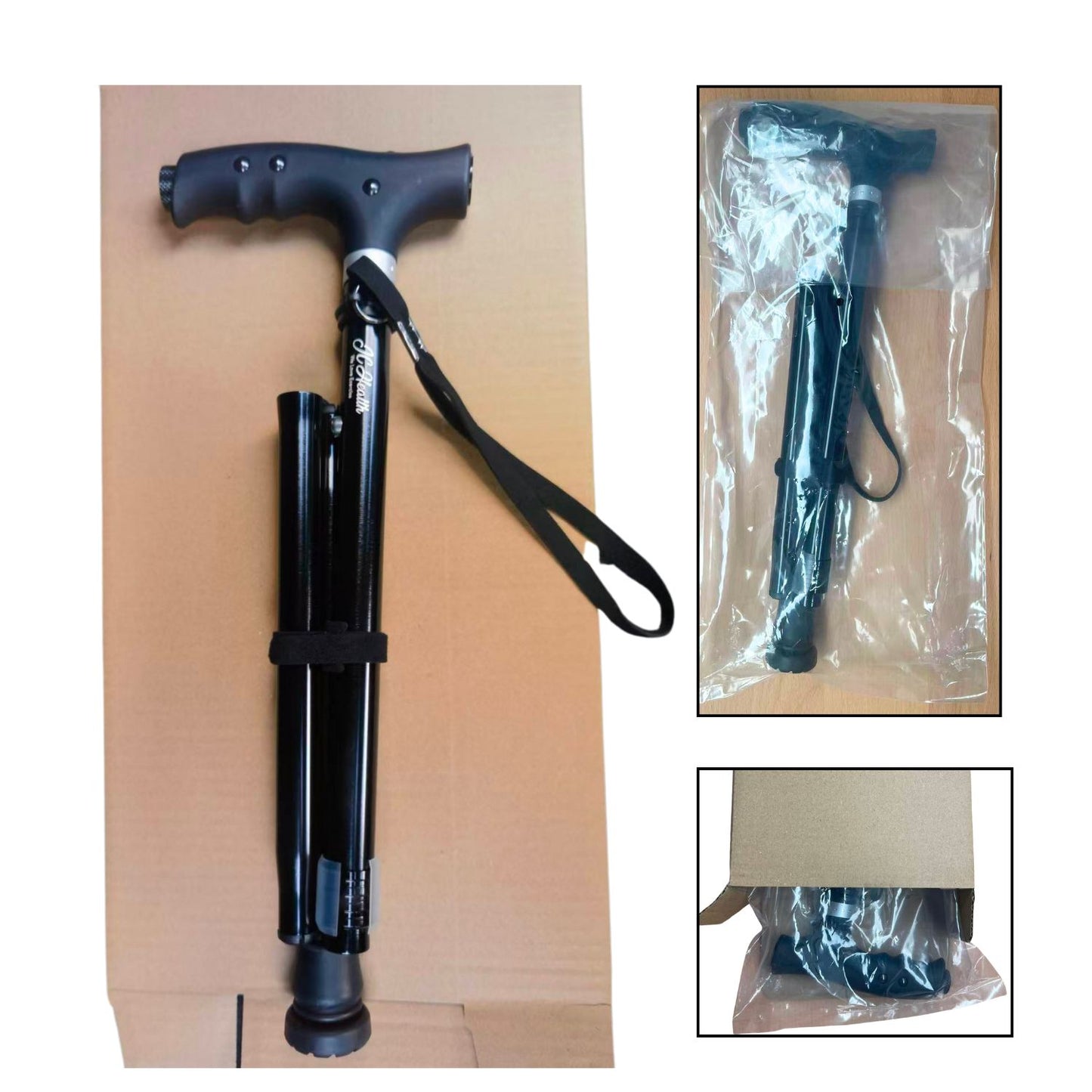 JC Health folding walking cane shown folded in protective packaging and shipping box, highlighting its compact size for travel and storage