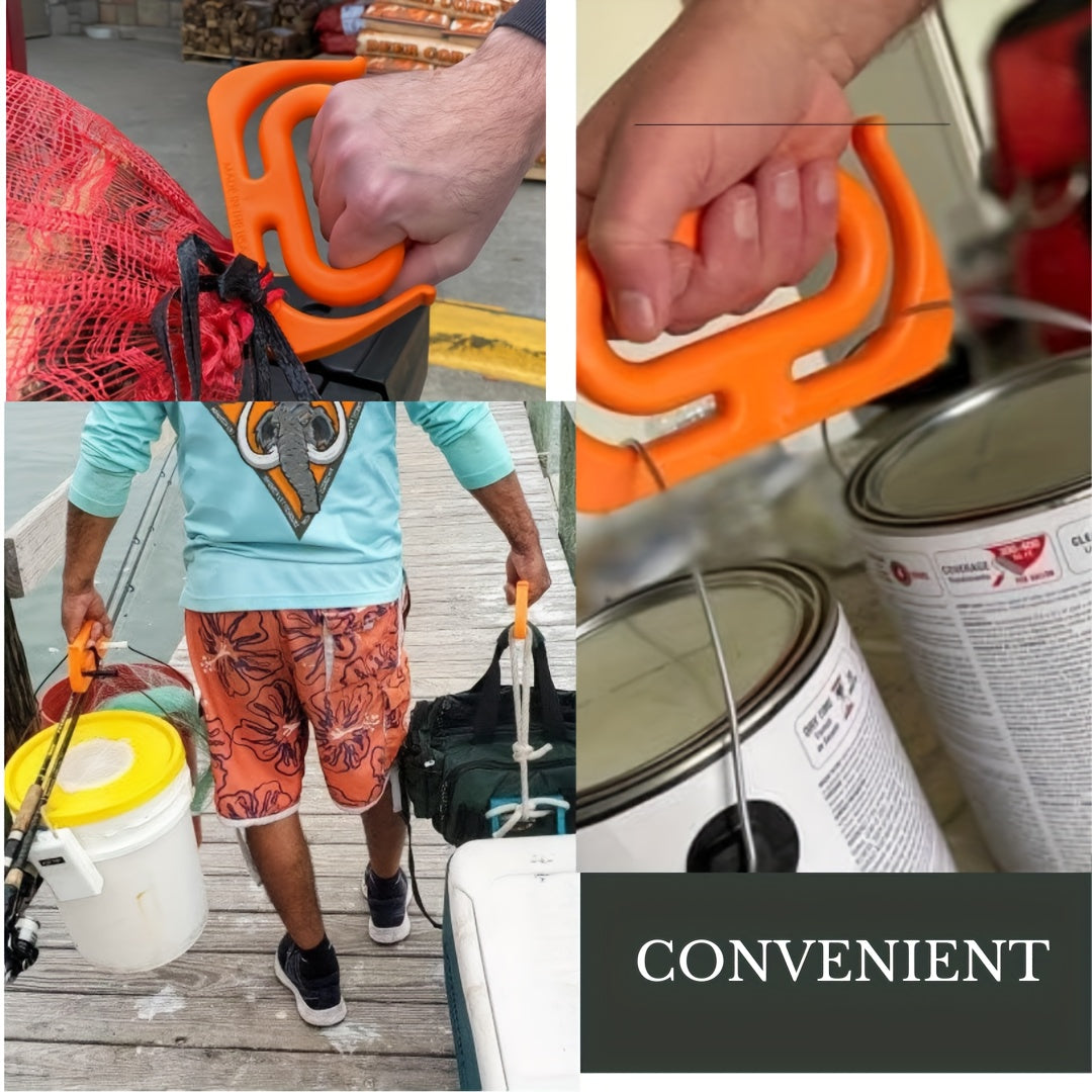 Collage illustrating the convenience of the orange HandCarry Handle: Top images show a secure and comfortable grip on a mesh bag and heavy paint cans, while the bottom image shows a person easily transporting fishing gear with the handle, emphasizing its versatility for various bulky or awkward items.