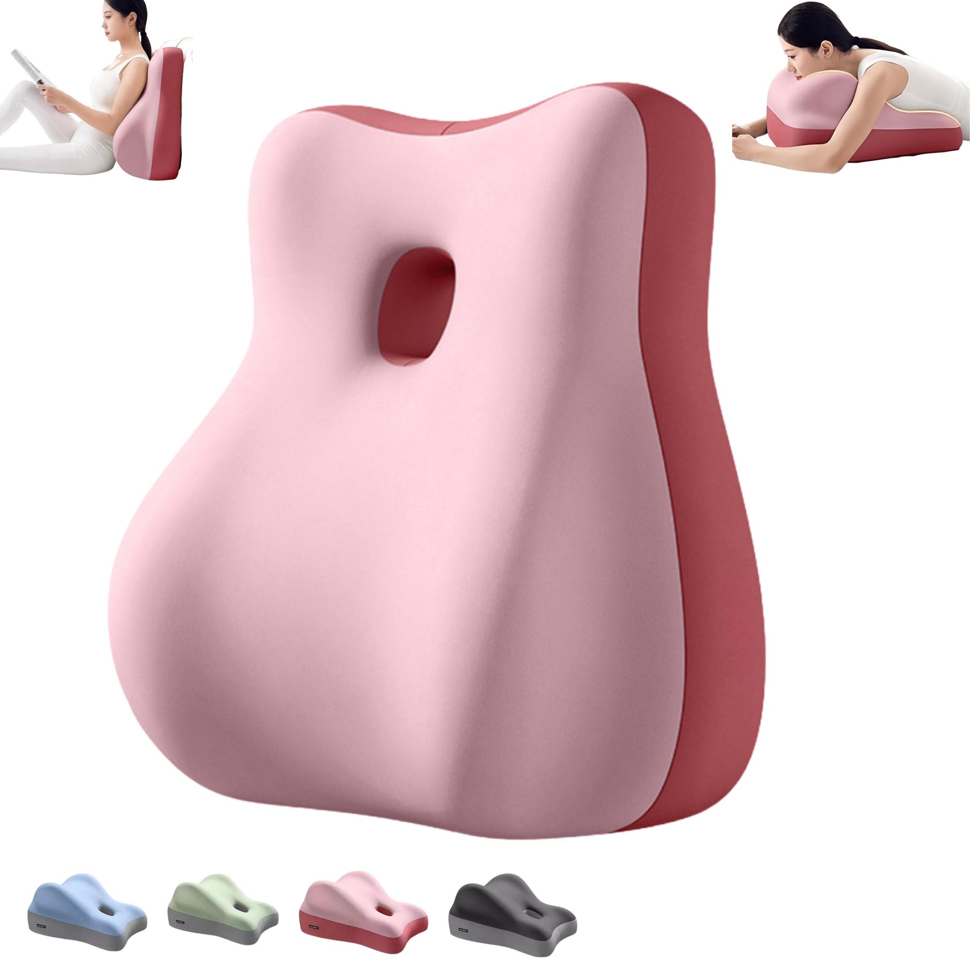 Pink JC Health wedge pillow designed for ladies, featuring a double-arc silhouette for comfortable prone phone browsing and chest protection. Includes insets for sitting upright and leg elevation use cases
