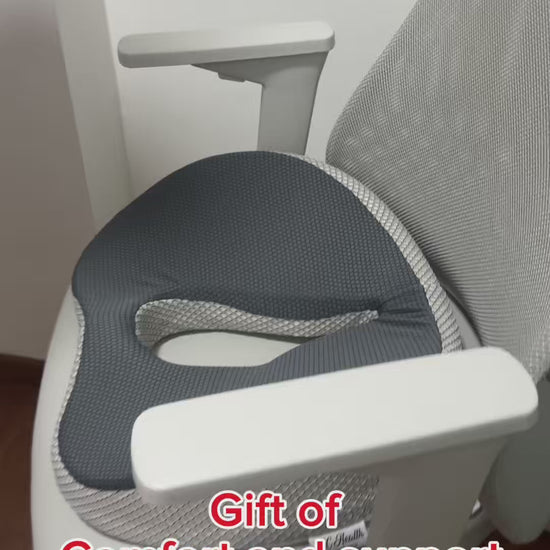 a real customer review about donut cushion really support him well and improve posture at his office chair