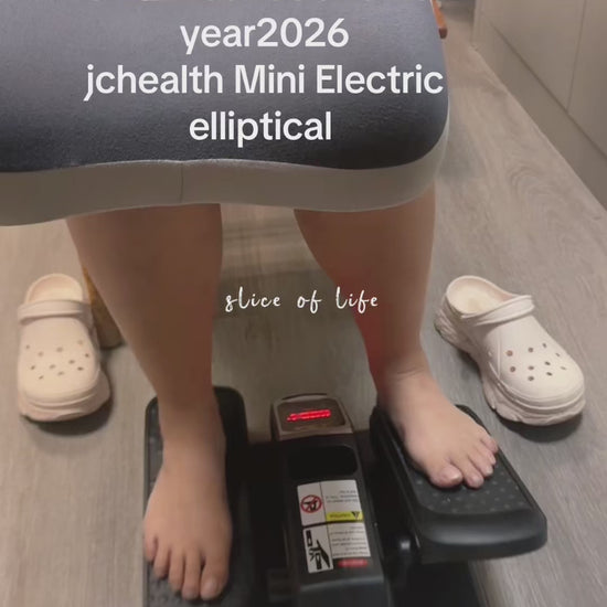 Female office worker testing JC Health electric elliptical trainer at desk, demonstrating quiet operation for workplace fitness and under-desk leg exercise