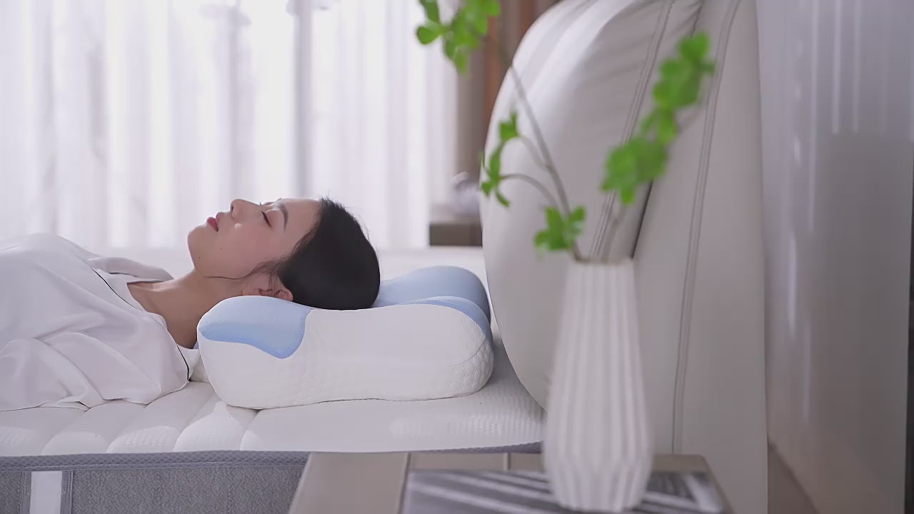 jchealth orthopaedic pillow video demonstrating how the ergonomic design supports the neck and spine for back and side sleepers, while also showing the pillow's memory foam material.