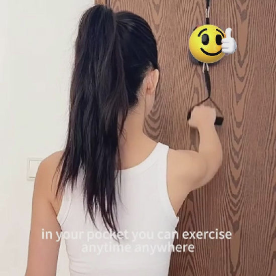 a lady demo using fitness pump on door and balcony and sofa at home can easily train 90% of body musle and such compact and portable