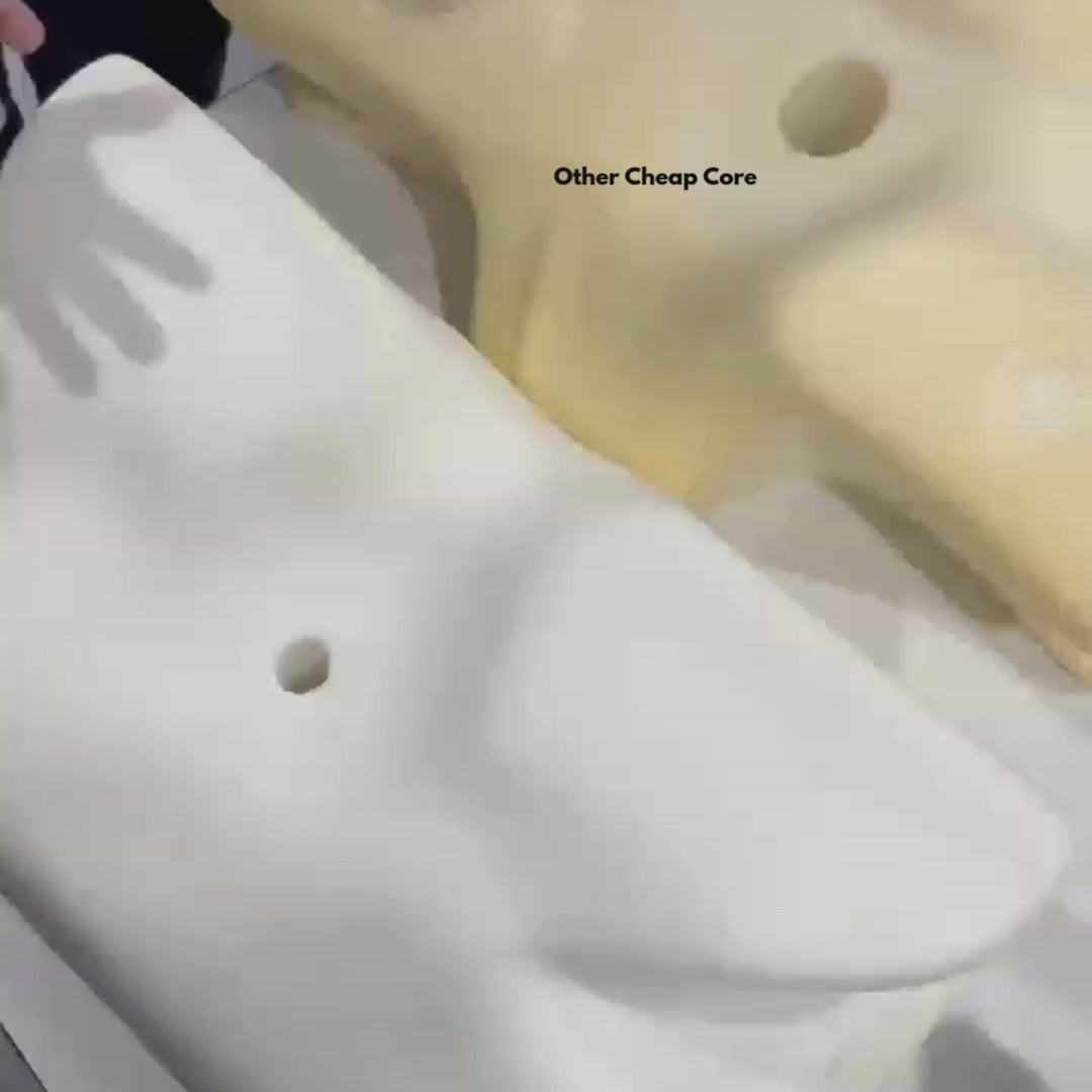  J C Health adjustable cervical pillow video
showing slow memory foam rebound test against fast-bounce foam and dual pillowcase packaging for
high and low loft.