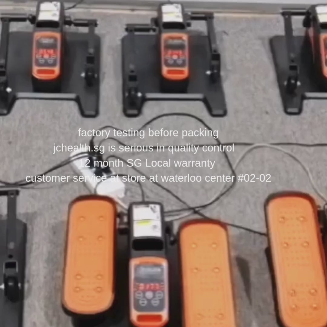 Factory quality testing and packaging of JC Health electric elliptical trainer, showing quality control inspection before delivery to Singapore store