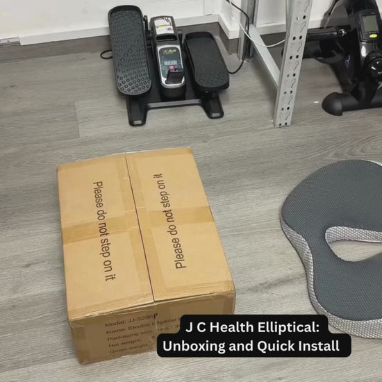 The J C Health Electric Elliptical box opened with main components and simple assembly tools laid out.