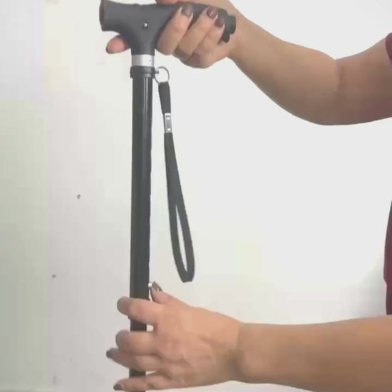 Video demonstration showing how to fold the medical-grade walking cane with integrated LED safety torch light