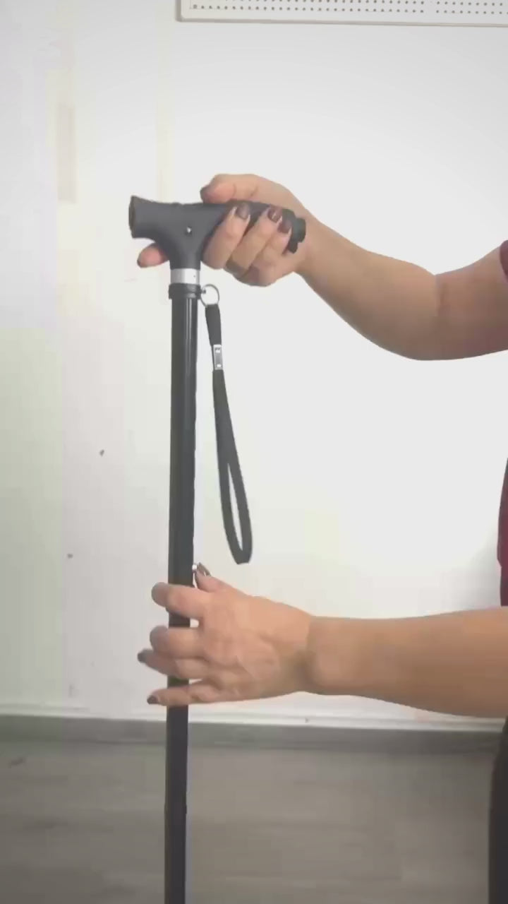 Video demonstration showing how to fold the medical-grade walking cane with integrated LED safety torch light