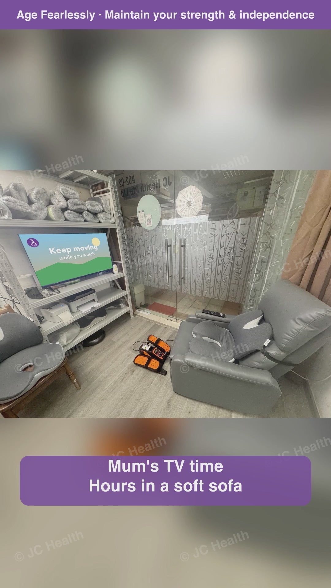 TV Comfort Set video: soft sofa slump, then the lumbar cushion and mini elliptical - keep Mum and Dad moving while they watch TV