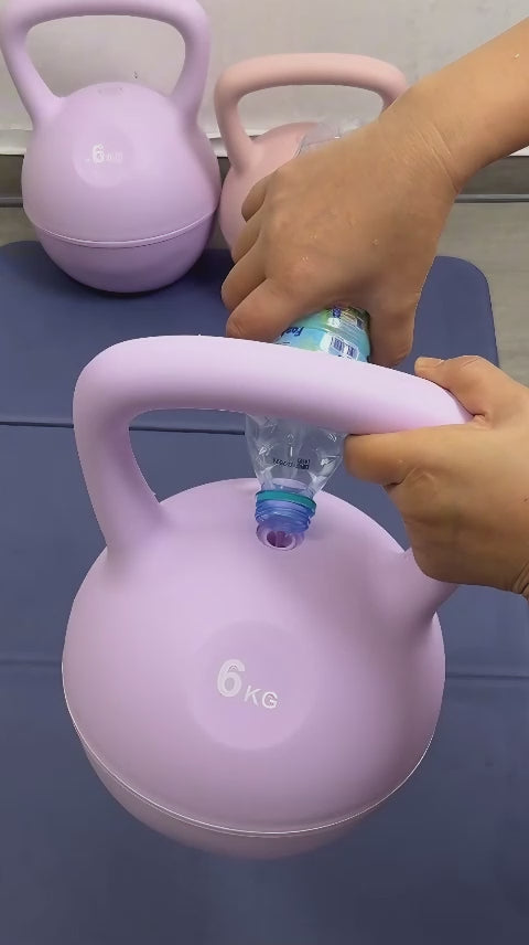 showcase how to fill water to kettlebell and a lady and a guy together start showing how quiet and safe workout, in between throw kettlebell on the floor without hurting floor ans shock asorbtion