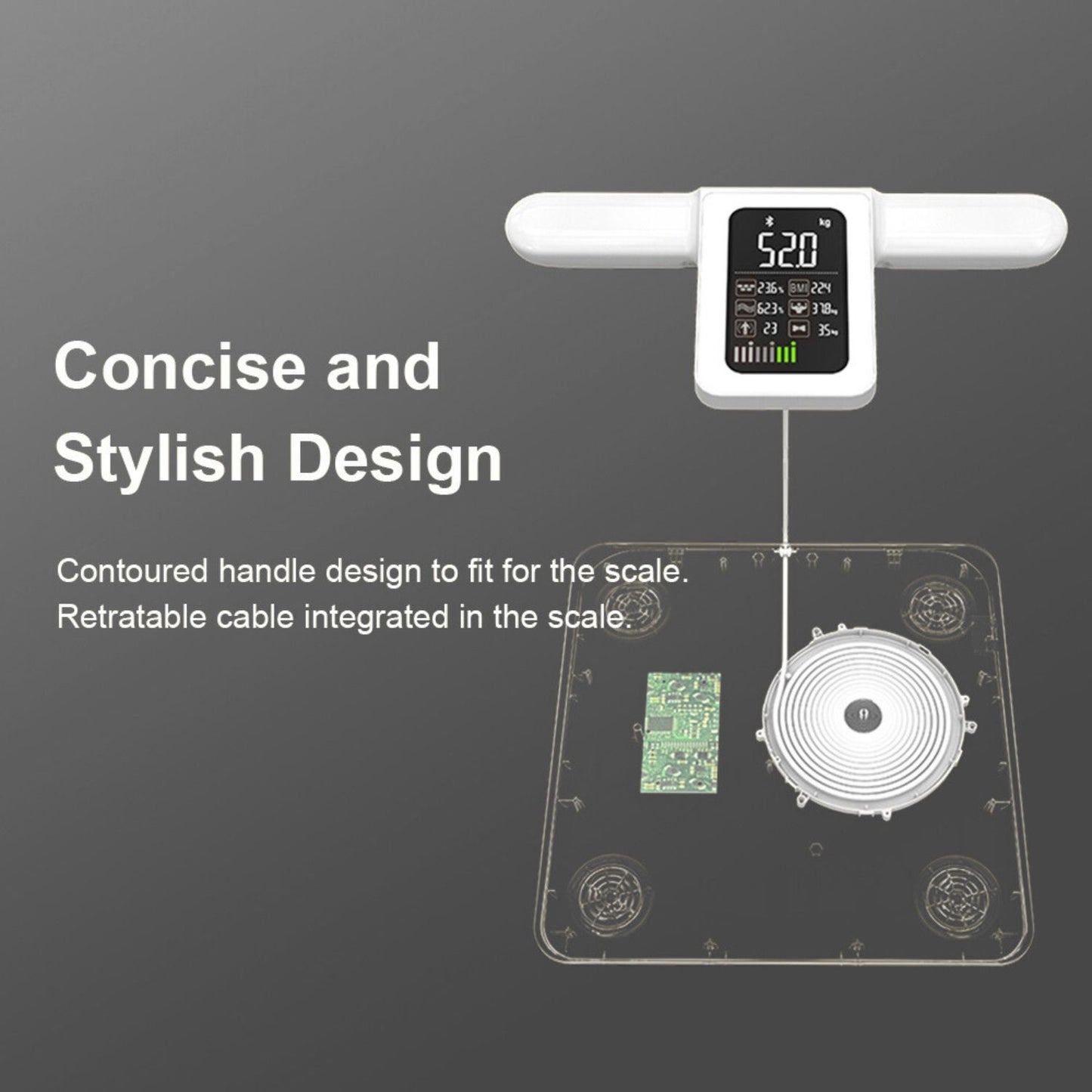 Cross-section view of the smart scale showing the integrated retractable cable and contoured handle design