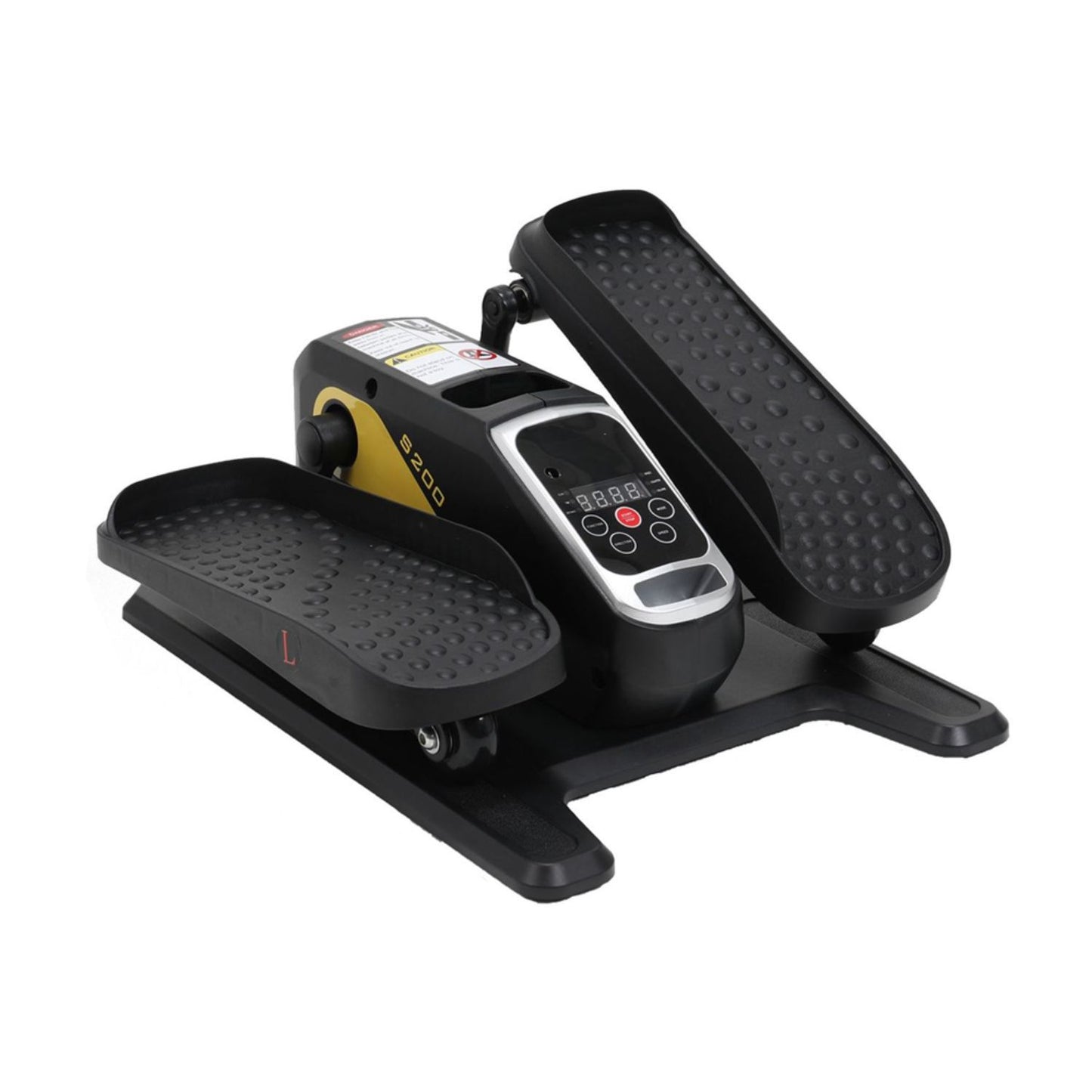 Close-up of the sleek black Under Desk Elliptical on a white background. Highlights the ergonomic design and elevated angle of the textured foot pedals, ensuring comfortable, low-impact seated exercise