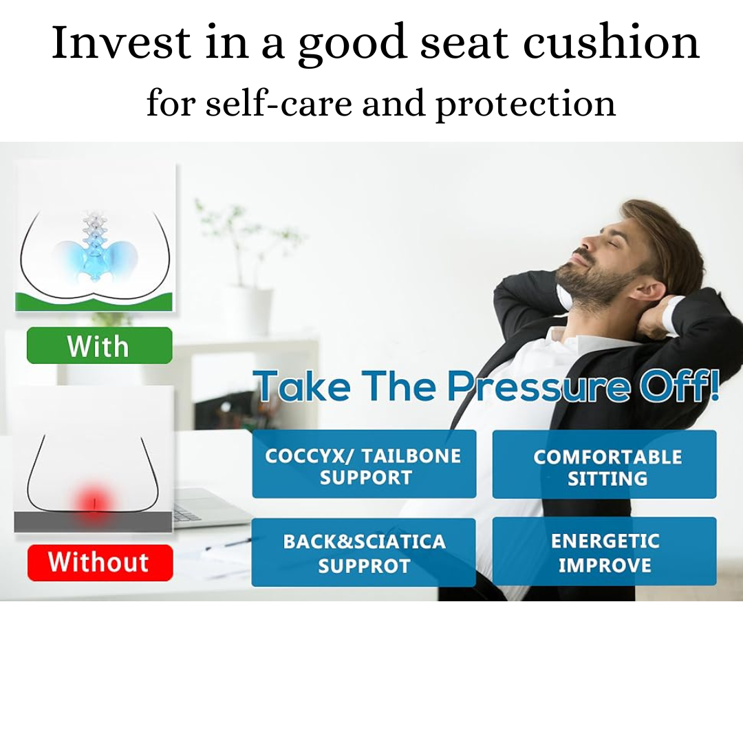 Pressure Relief Memory Foam Seat Cushion - Back Pain Relief, Improved Posture carry  handle