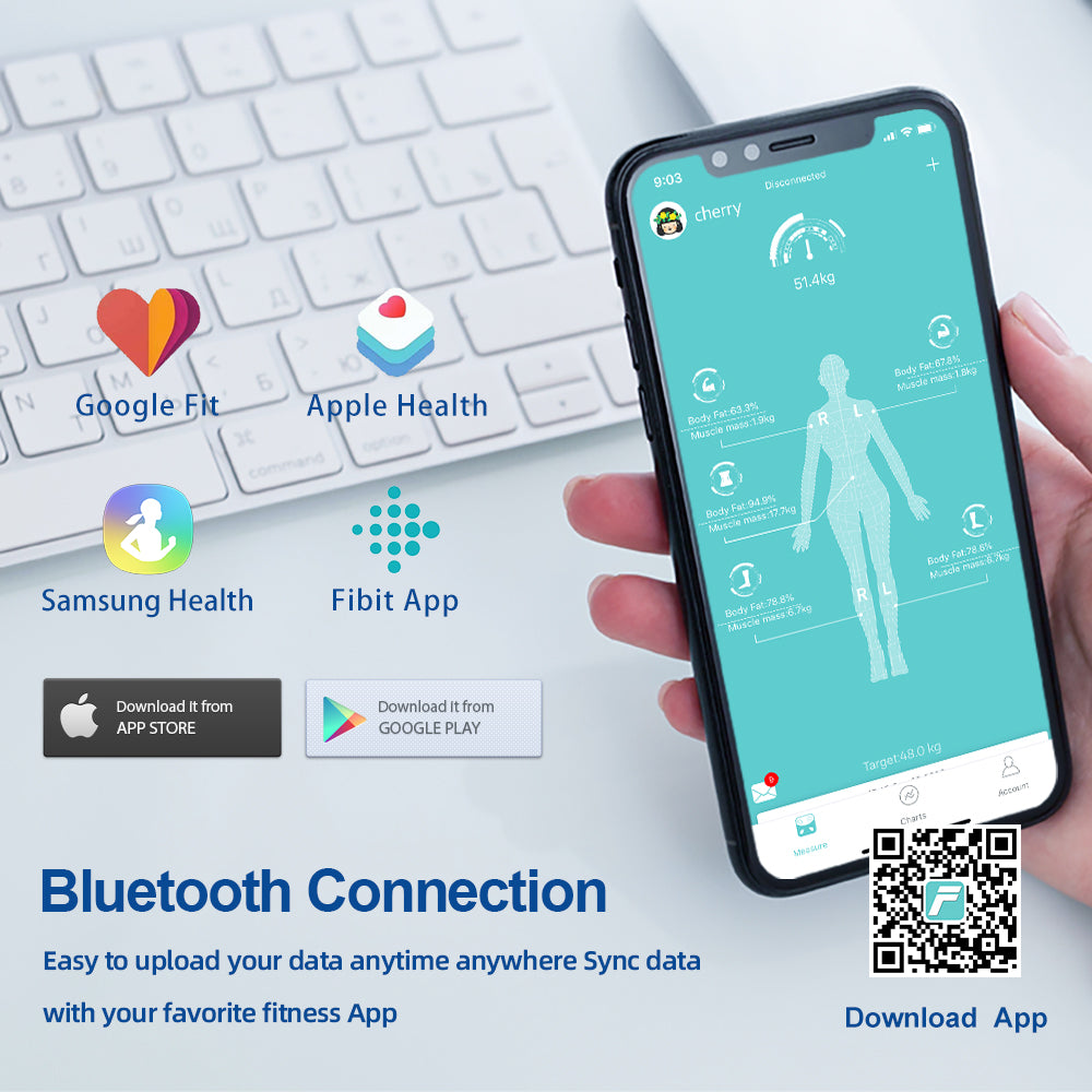 Seamless Bluetooth 5.0 connection syncing data with Apple Health, Google Fit, Fitbit, and Samsung Health.